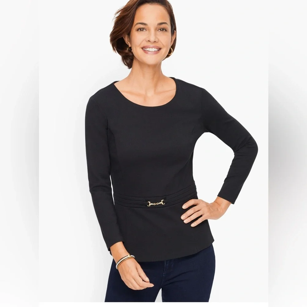 Talbots Black Ponte Peplum Top SZ XL with gold accent 3/4 sleeve dressy career - Picture 3 of 13
